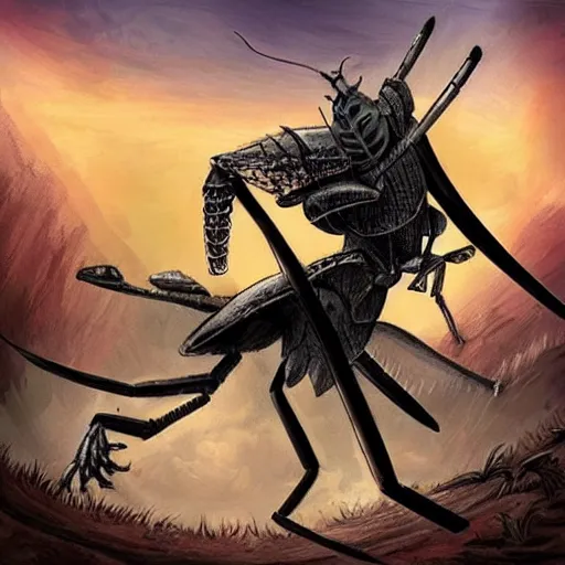 Prompt: knight fighting a giant mantis, epic battle