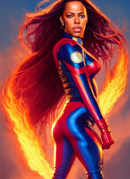 Prompt: full body portrait of marvel cinematic universe aaliyah haughton, x - men, jean grey, elegant, fire, phoenix, starfire, highly detailed!! digital painting, artstation, glamor pose, concept art, sharp focus, illustration, art by artgerm and greg rutkowski, artey freytag