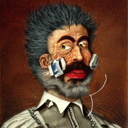 Image similar to a portrait of rick sanchez using a teleportation gun by giuseppe arcimboldo