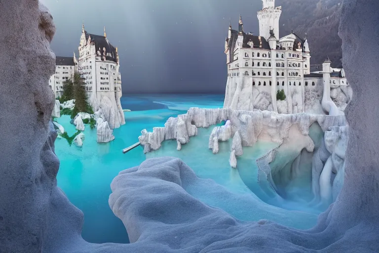 Image similar to neuschwanstein castle on pamukkale thermal waters flowing down gold travertine terraces in royal blue antelope canyon during sakura season on an interstellar aurora borealis with heavy thunder and lightning, pink waterfalls, rainbow, by peter mohrbacher, james jean, james gilleard, greg rutkowski, vincent di fate, rule of thirds, octane render, beautiful landscape, masterpiece