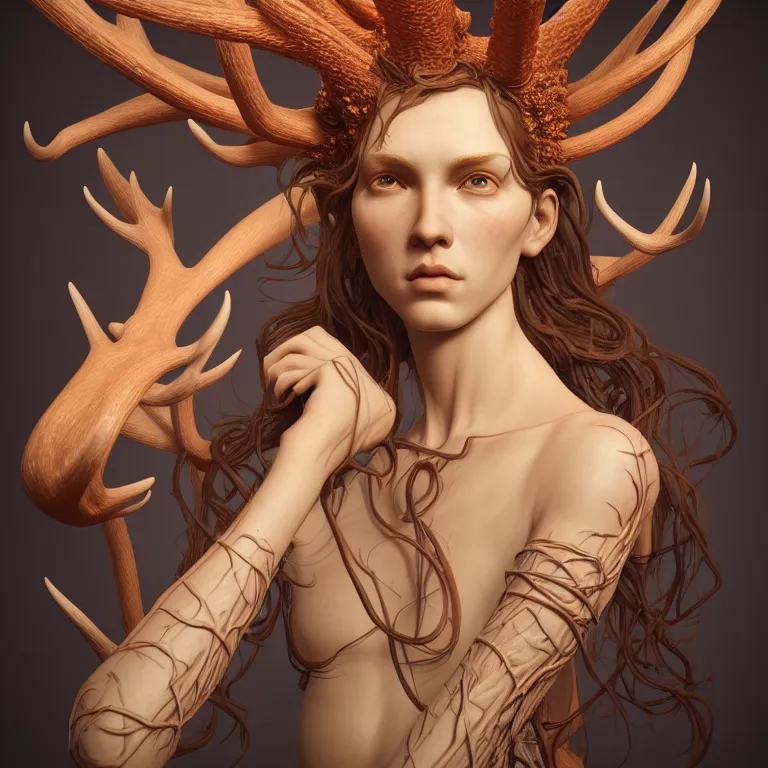 Prompt: portrait ms with ribbed body, covered with twisted ribbed crooked antlers, baroque portrait by rutkowsky and charles vess and james jean and erik jones and rhads, 3 d octane render, beautiful fine face features, intricate high details, sharp, ultradetailed, artistic photography