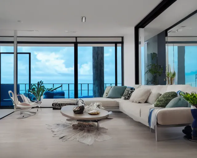 Image similar to A modern living room in a ocean hues style, calm, realsxed style, harmony, wide angle shot, 8k resolution