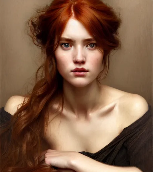 Image similar to portrait of a beautiful auburn - haired woman sitting upon a table with heightened detail, poised, intense emotion, detailed facial expression, detailed surroundings, intricate, elegant, highly detailed, centered, digital painting, artstation, concept art, smooth, sharp focus, illustration, by ( john william waterhouse ), wlop