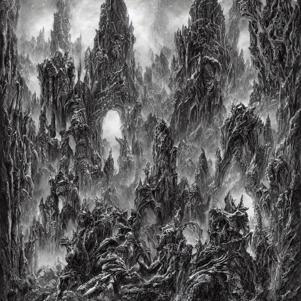 Image similar to dark alien castles, grotesque symmetrical towers and demonic altars in the evil winter mountains, upward cinematic angle, by rodney matthews, michael kaluta, and john byrne, fantasy art, intense atmosphere, striking composition, alien faces, monster statues, intricate, strange, ornate, digital art, hyperdetailed, colorful hyperrealism, photorealism, 8k