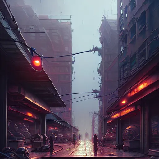 Image similar to professional concept art of a dreary diesel punk city street by artgerm and greg rutkowski. an intricate, elegant, highly detailed digital painting, concept art, smooth, sharp focus, illustration, in the style of simon stalenhag, wayne barlowe, and igor kieryluk.