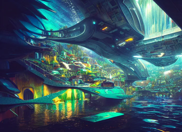 Image similar to favela spaceship cathedral, underwater environment, scenery, professional, award - winning, trending on artstation, hyper detailed, realistic, beautiful, emotional, shiny, colorful, picture