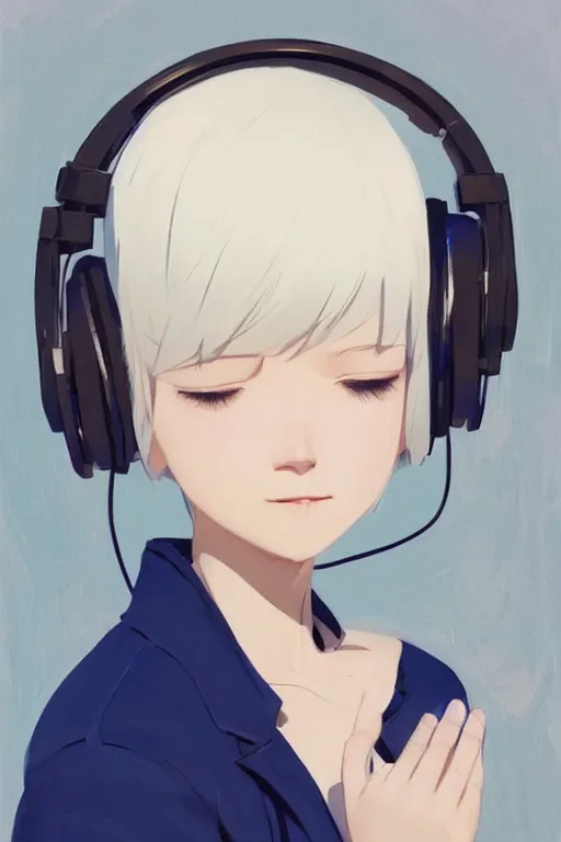 Prompt: a cute young woman listening to music with her eyes closed and wearing headphones in the style of Ilya Kuvshinov and Range Murata, white bob cut hair, blue filter, blue and white, soft lighting, cinematic, moody, oil on canvas by Krenz Cushart, 8k