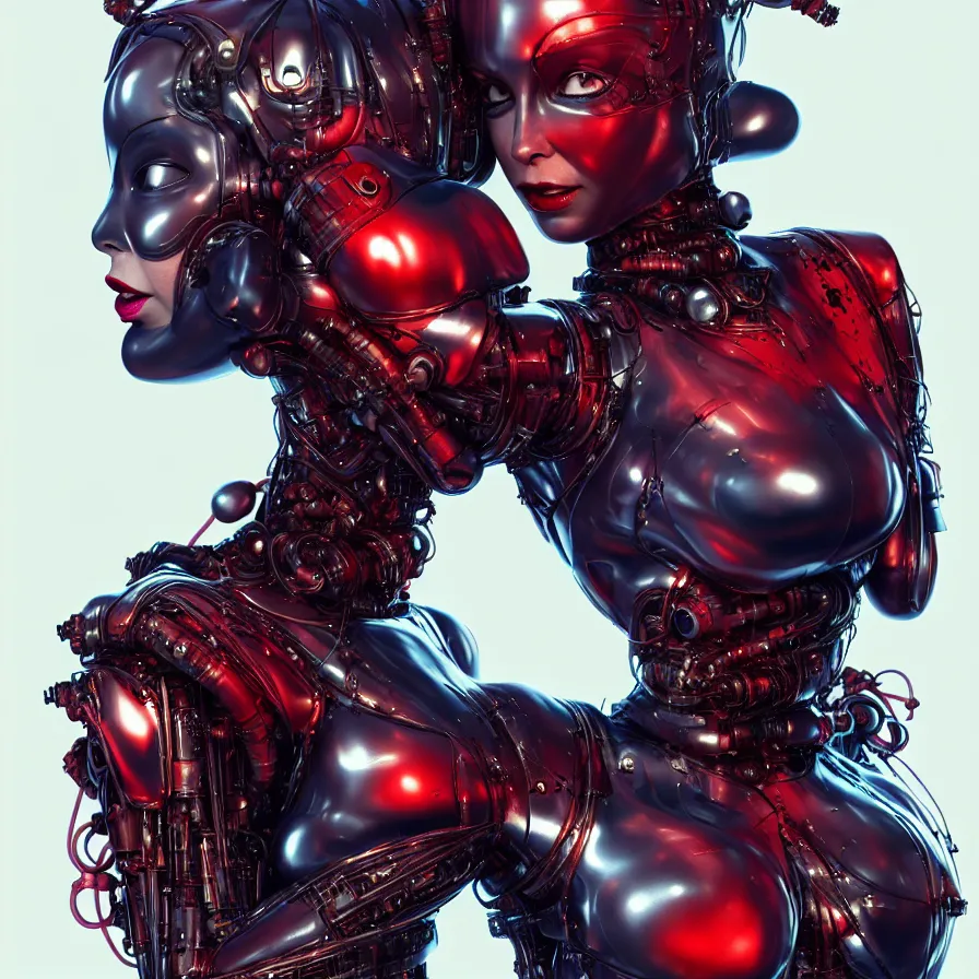 Image similar to bjork in form of catwoman, vogue, red biomechanical, inflateble shapes, wearing epic bionic cyborg implants, masterpiece, intricate, biopunk futuristic wardrobe, highly detailed, artstation, concept art, background galaxy, cyberpunk, octane render