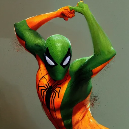 Prompt: an orange and green spiderman by greg rutkowski