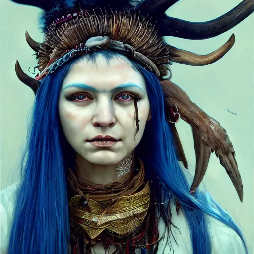 Image similar to A young female shaman, blue hair and antlers on her head, blindfolded, heilung, in the style of Heather Theurer, headshot photoshoot, artstation, made by karol bak