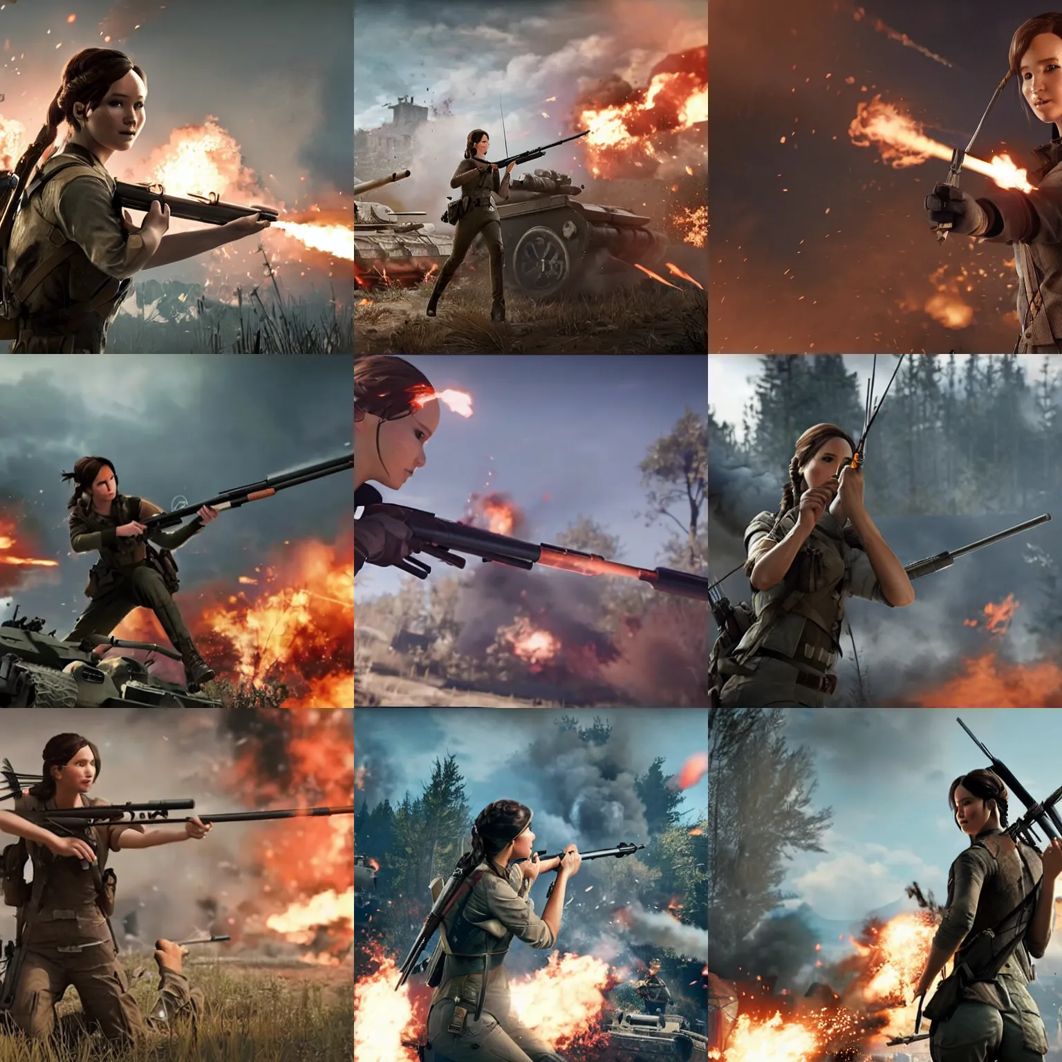 Prompt: katniss everdeen firing a bazooka at a tank, screenshot from the game'battlefield v ', promo, press