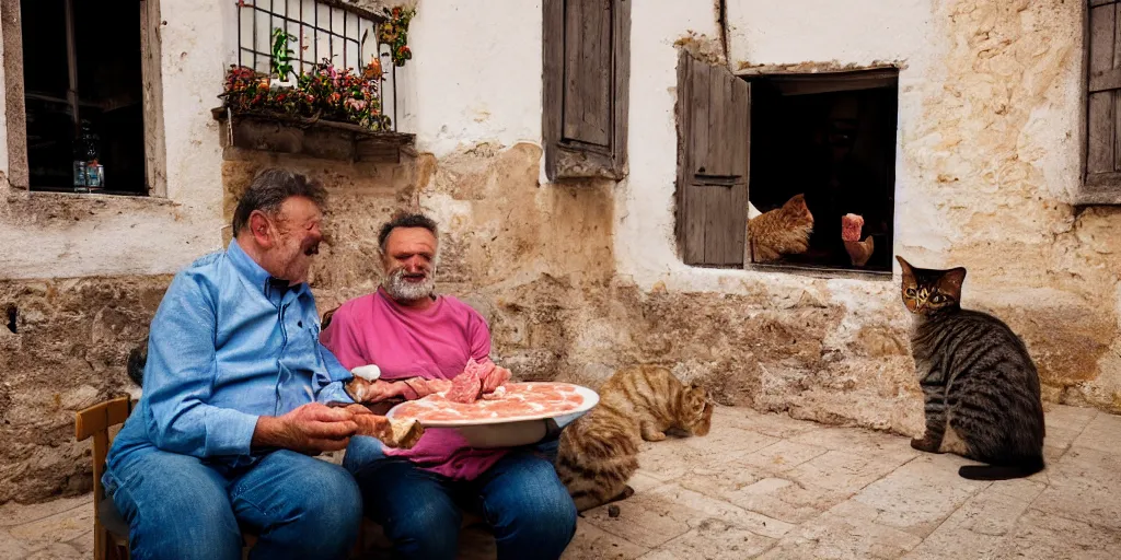 Prompt: photography of a cat eating mortadella with his loved owner at a trullo house, photoreal, 3 5 mm, award winning photography