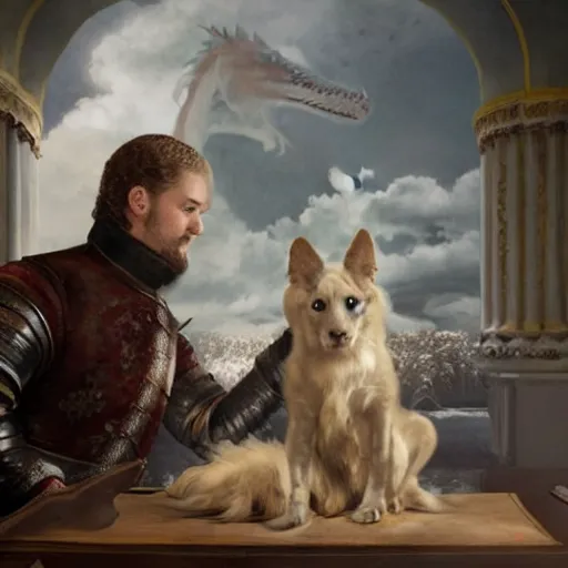 Image similar to Photo of Russian Tsar Nicholas 2 playing with dragon from game of thrones as a pet, photorealism,