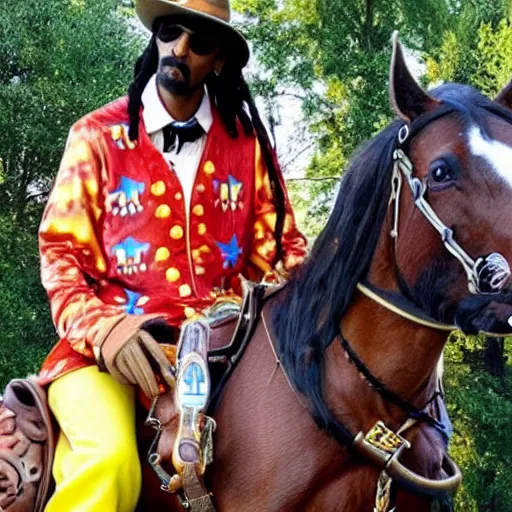 Image similar to snoop dog as a cowboy on horseback next to a clown