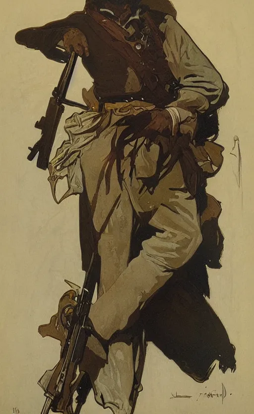 Image similar to portrait of John Brown holding a rifle, lithograph by Alphonse Mucha and Greg Rutkowski and David Lozeau