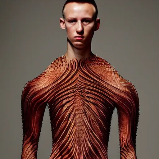 Prompt: a beautiful young male wearing iris van herpen painted by michelangelo