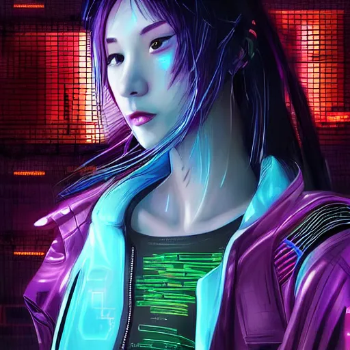 Image similar to “high detail picture of a Cyberpunk girl, in the style of Yulin Li, Kan Liu, Yang Liu, digital art, concept art, neon colors, high contrast, sharp focus, hiperrealist, photorealist, Artstation HQ, DeviantArt, cybernetics, techwear, urban samurai, netrunner, Shadowrun, Cyberpunk 2077, Deus Ex, 4k UHD, Unreal Engine 5”