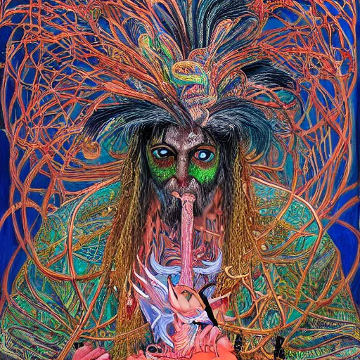 Image similar to a high hyper - detailed painting with complex textures, of an oriental shaman with tangled hair and a terrifying mask, wears a tunic vs. barefoot and has a cane, he is performing a ritual to access the world of imagination and dreams, cosmic horror spiritual visionsrio psychedelic weird bizarre art