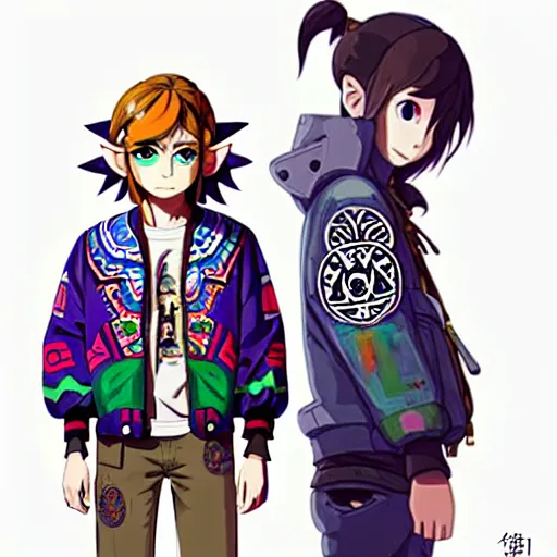 Image similar to majora majora's mask wearing oversized mayan bomber jacket with overalls, bulky poofy bomber jacket with mayan patterns, aztec street fashion, botw art style, gapmoe yandere grimdark, trending on pixiv fanbox, painted by greg rutkowski makoto shinkai takashi takeuchi studio ghibli, akihiko yoshida