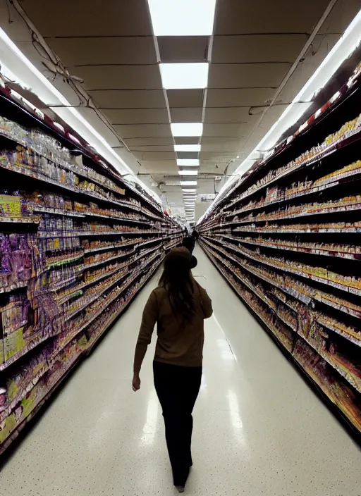 Image similar to being hunted by a monster in a labyrinth of grocery store aisles. liminal. dramatic lighting