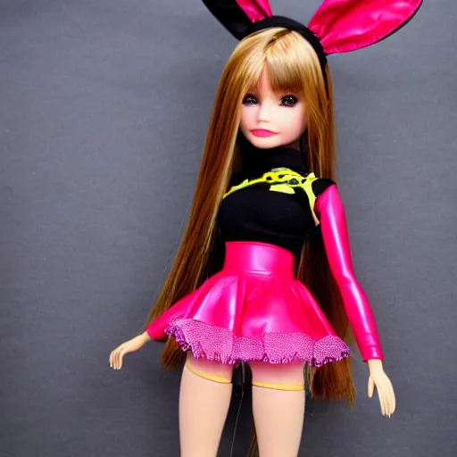 Image similar to anime barbie doll, leather bunny costume bodysuit, playboy, rabbit ears, plaid tights, full length, raspberry banana color, lace