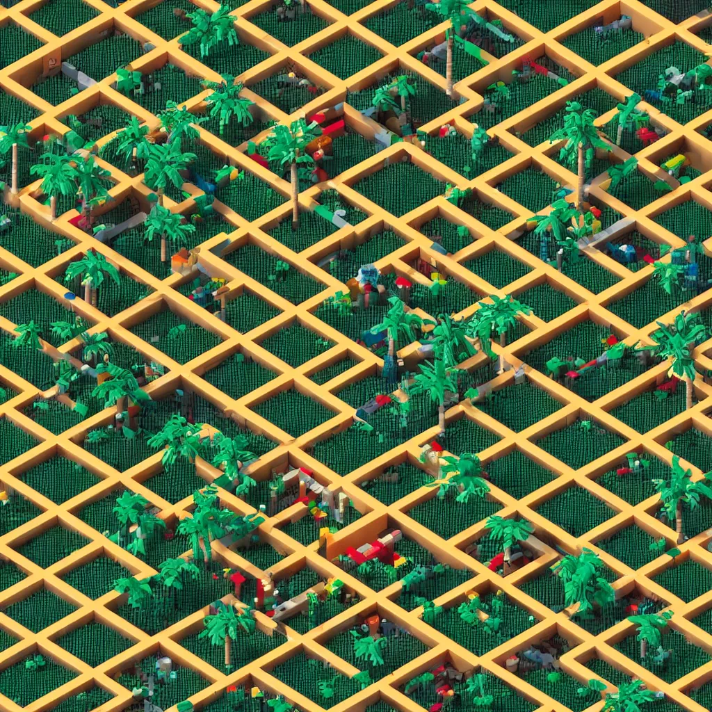 Image similar to wimmelbilder maze made of lego, isometric, octane render, Lego palm trees, unreal engine