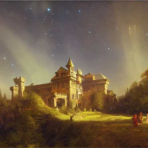 Image similar to a renaissance castle in a forest with a glowing night sky, upward angle, by ruan jia