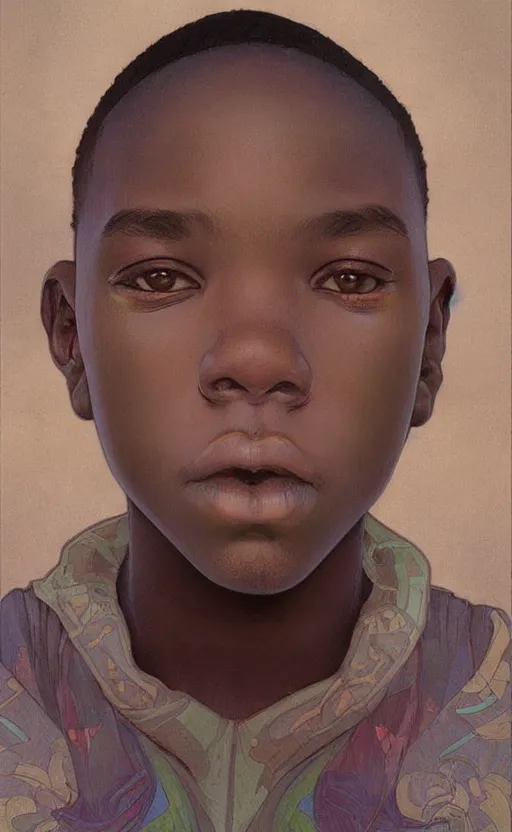 Prompt: colourful upper half portrait of an african boy, art by hsiao - ron cheng & alphonse mucha, highly detailed, digital painting, concept art, illustration, smooth sharp focus, intricate, symmetry, black backdrop, artstation,