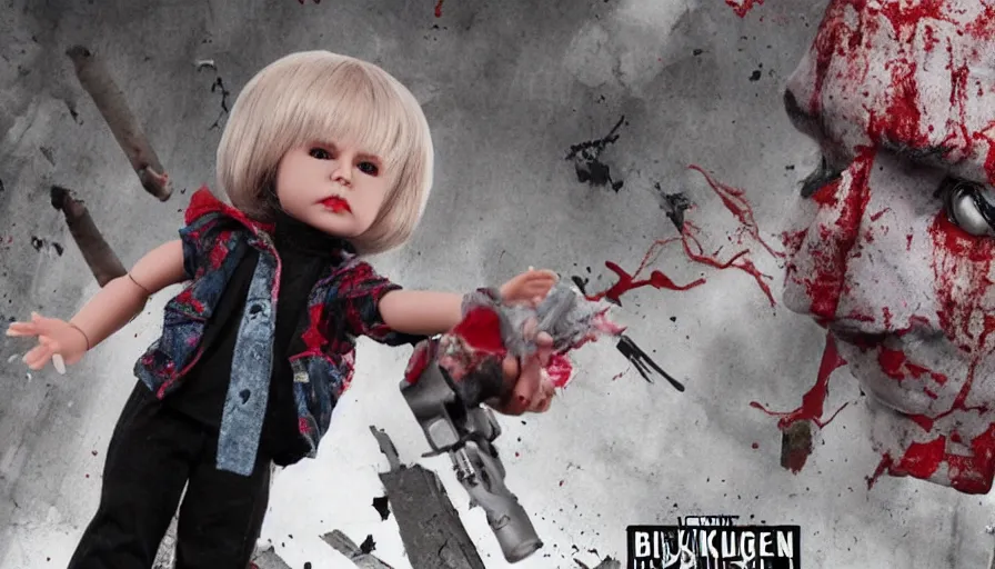 Image similar to big budget movie about killer doll destroying a city