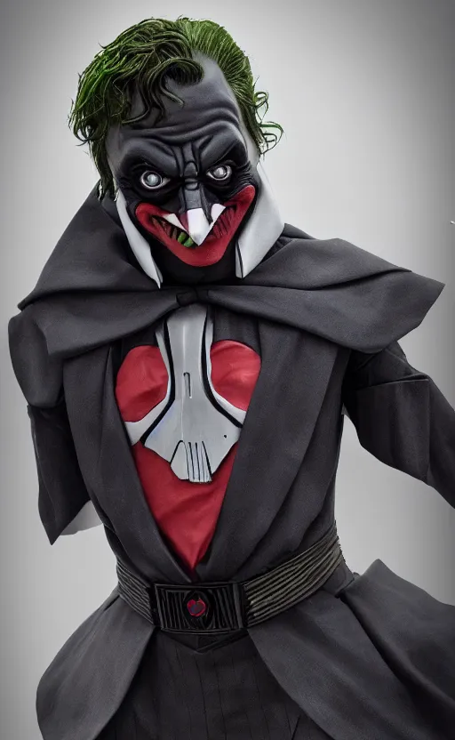 Prompt: Joker wearing vader's armor, cosplay, full character, artstation, highly detailed, highly realistic