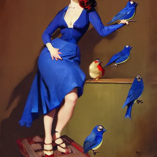 Prompt: portrait of a pinup girl holding an indigo bunting, bird, the bird is wearing a bowtie, by greg rutkowski, rossdraws, gil elvgren, enoch bolles