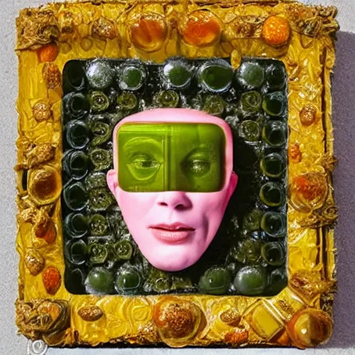 Image similar to a vintage robot head made out of jello aspic salad by giuseppe arcimboldo, oil on canvas