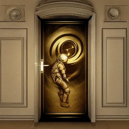 Prompt: golden ratio, photo realism, space astronaut opening door that shows space and time created by leonardo davinci with extra detail, epic.