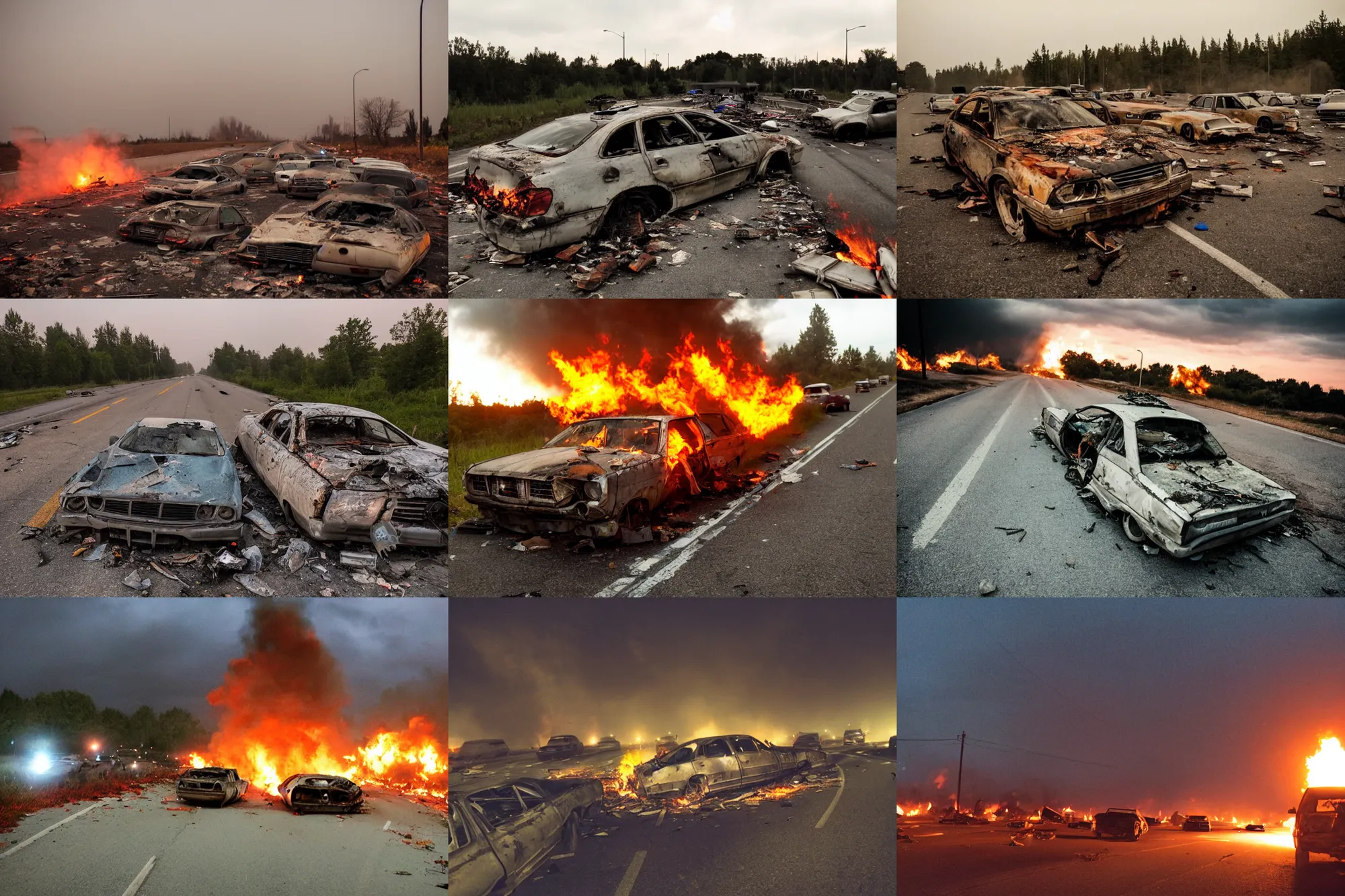 Prompt: destroyed highway, zombies attack, abandoned cars, bonfire, dusk