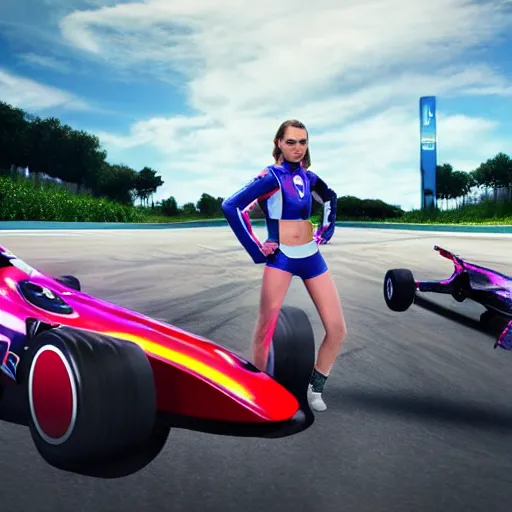 Image similar to photo of Natalie Portman inside video game F-Zero, standing next to a racing machine in the middle of a race track, fine art photography 8k