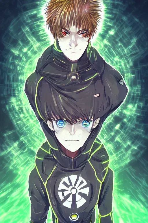 Image similar to nuclear bomb dandelion male anime character, symmetrical, highly detailed, digital art, sharp focus, trending on art station, green eyes, glowing radioactive colours