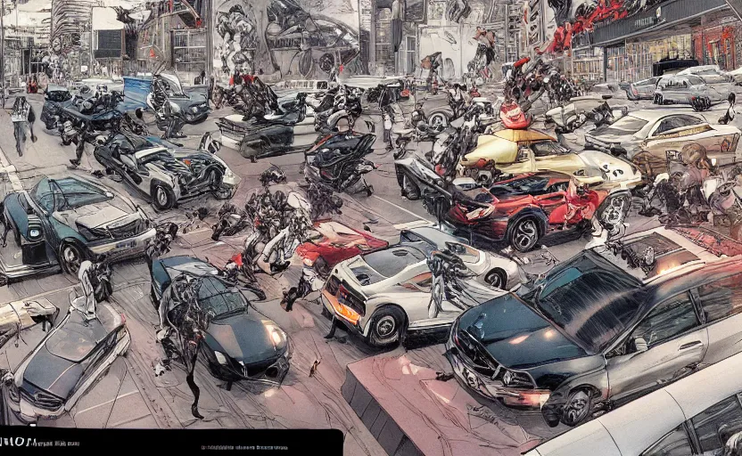 Image similar to action shots of a high speed car chase through a crowded street illustrated by jung gi kim, katsuya terada, jean - david morvan. extremely detailed illustration, action shots, striking perspective