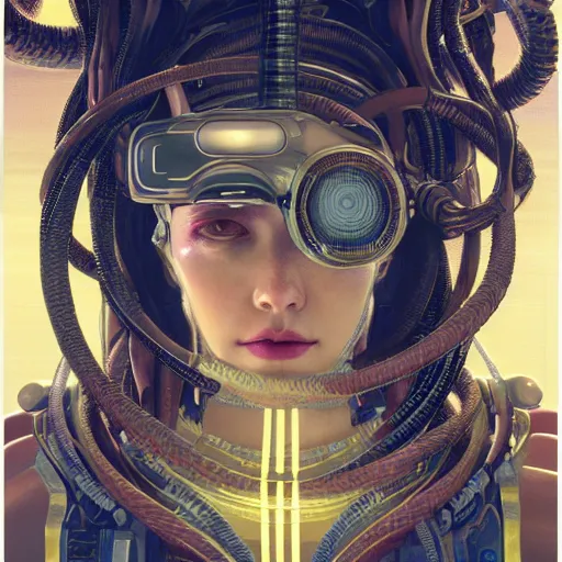 Image similar to portrait of Medusa with vr headset, cyberpunk, thick cables on the head, futuristic hi-tech details, ominous, intricate, art by anthony macbain + greg rutkowski + alphonse mucha, concept art, 4k, sharp focus, cinematic unreal engine