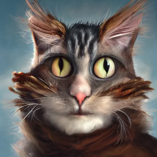 Prompt: portrait character design, a cute feathered cat, feline bird hybrid, feathers plumage, plumed by brian froud, portrait studio lighting by jessica rossier and brian froud