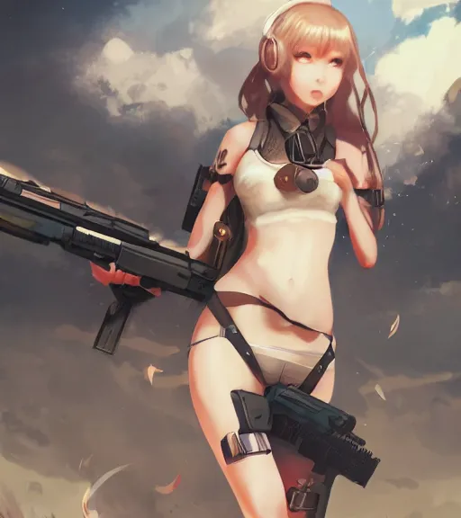 Image similar to cute girl wearing a gun on her back, by wlop, rain, poster, anime key visual, artstation