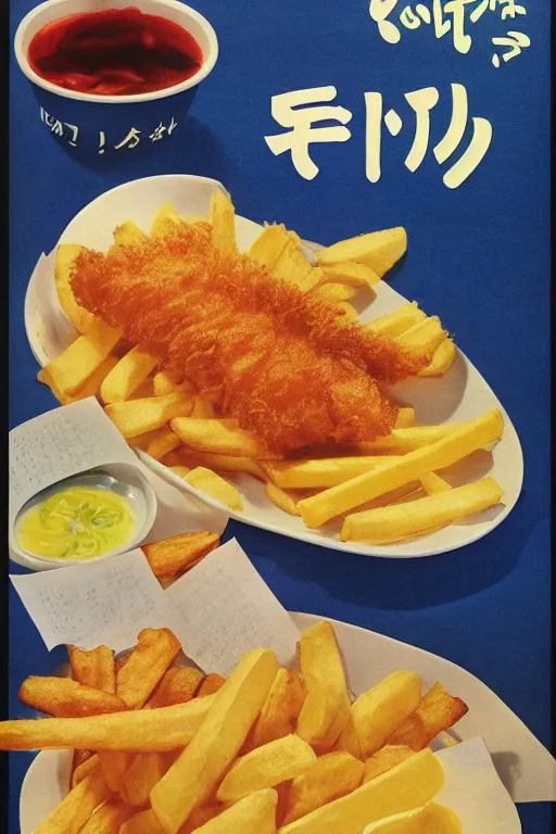 Prompt: fish and chips advertisment, still life, 1 9 7 0 s japan shouwa advertisement, print, nostalgic