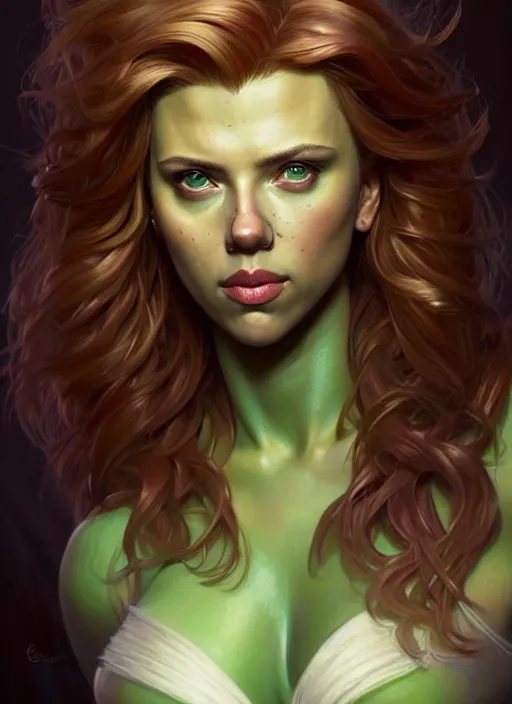 Image similar to portrait of scarlett johansson as a goblin, d & d, muscular! green, fantasy, intricate, elegant, highly detailed, digital painting, artstation, concept art, smooth, sharp focus, illustration, art by artgerm and greg rutkowski and alphonse mucha