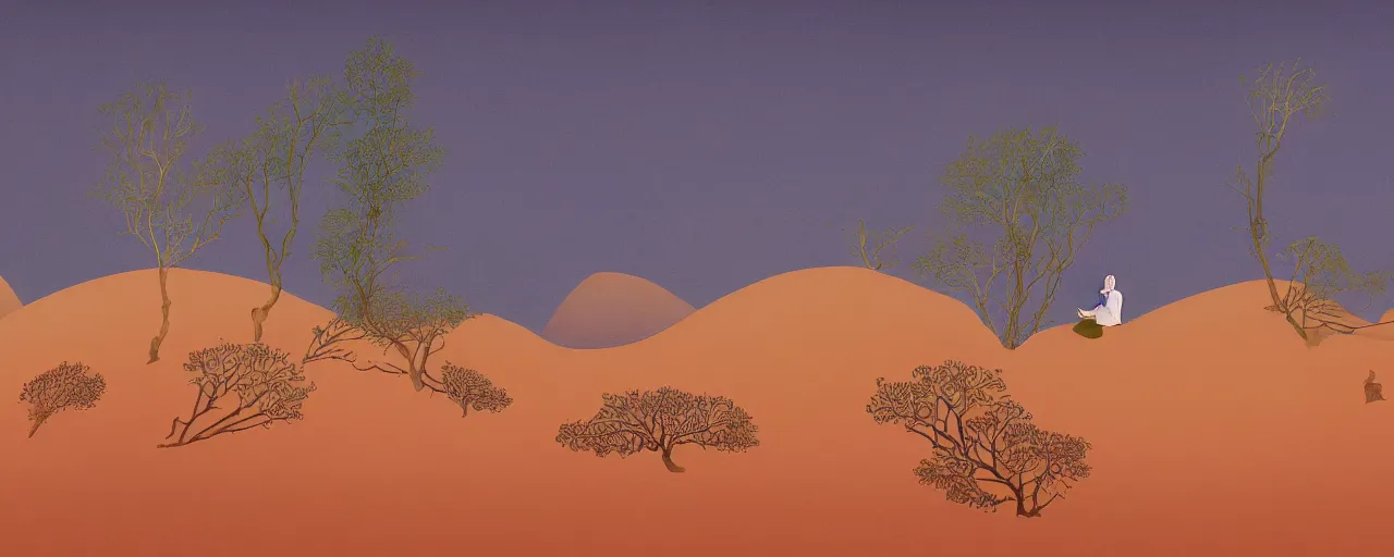 Image similar to deep golden sand desert, sand dunes, small oasis, sand mists, red sandstone natural sculptures, desert flowers, subtle color variations, highly detailed, wind, a white robed benevolent magician clothed in a royal garment in contemplation meditating upon God, by Eyvind Earle and Mary Blair