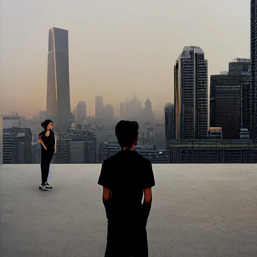 Image similar to a small rooftop with a couple of modern teenagers, standing and talking to each other, clear portrait realistic, wearing black modern clothes, modern shanghai bund is on the background, dust, sunset, by gregory crewdson, by hajime sorayama