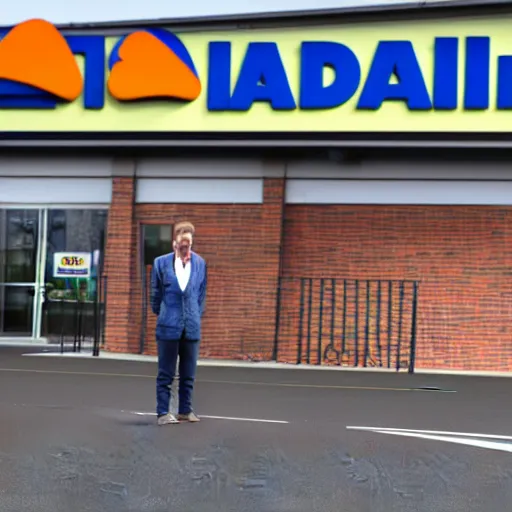 Image similar to a man terrified of entering an aldi supermarket, photo realistic