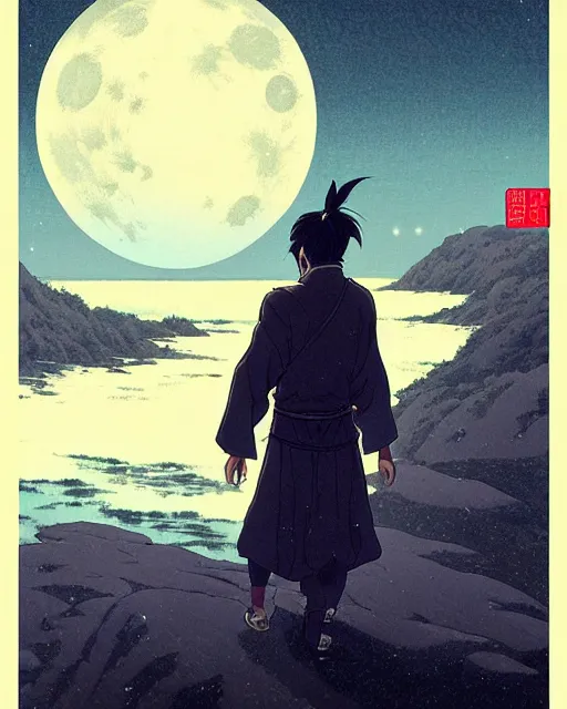 Image similar to a lonely poet ( li bai ) walks by the wide coast, night scene with moonlight on him, eva comic style, fine details. night setting. very anime style. realistic shaded lighting poster by ilya kuvshinov katsuhiro, magali villeneuve, artgerm, jeremy lipkin and michael garmash, rob rey and kentaro miura style, trending on art station