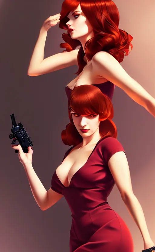 Prompt: an attractive auburn haired femme fatale woman, wearing a cocktail dress, pointing a pistol at us, anime. realistic shaded lighting by ilya kuvshinov giuseppe dangelico pino and michael garmash and rob rey, 4 k