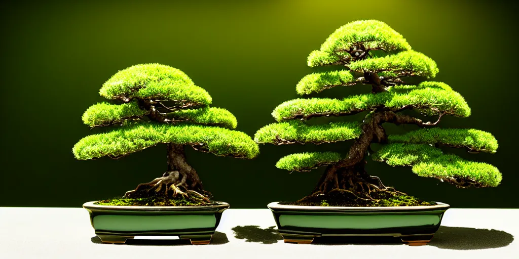 Prompt: photo bonsai cedar on a small emerald, gold hour, soft lighting, rain, medium full shot, volumetric lighting, beautiful, ultra detailed, 3 5 mm, fujifilm