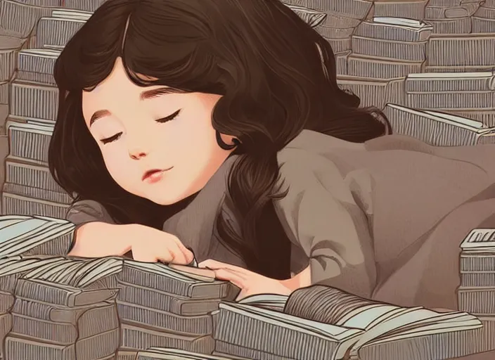 Image similar to a little girl with short wavy curly light brown hair is asleep in pile of books. clean cel shaded vector art. shutterstock. behance hd by lois van baarle, artgerm, helen huang, by makoto shinkai and ilya kuvshinov, rossdraws, illustration, art by ilya kuvshinov