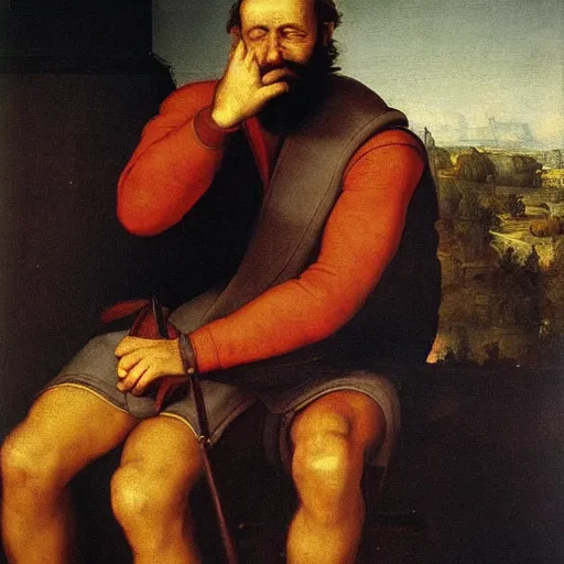 Prompt: a weary bearded traveler sits in the back of a lecture hall listening intently, detailed and realistic oil painting by Raphael